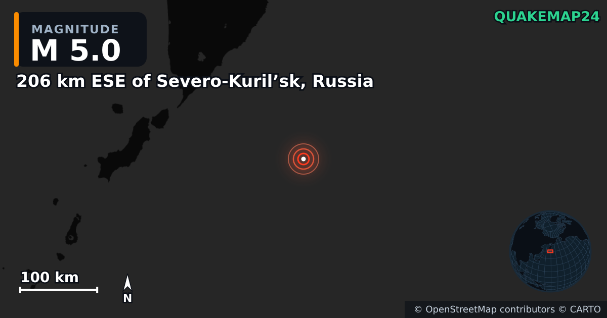 M5.0 earthquake near 206 km ESE of Severo-Kuril’sk, Russia on Jul 30, 2025 — map of epicenter and shaking intensity | QuakeMap24