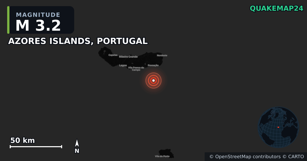 M3.2 earthquake near AZORES ISLANDS, PORTUGAL on Jun 5, 2025 — map of epicenter and shaking intensity | QuakeMap24