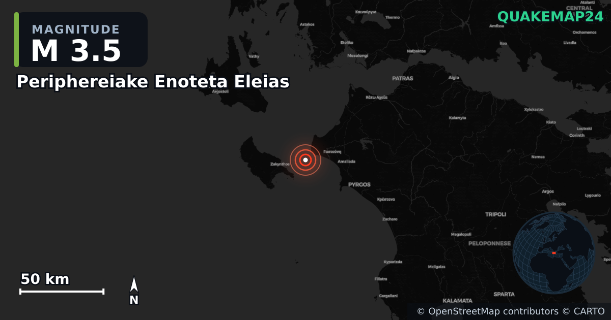 M3.5 earthquake near Periphereiake Enoteta Eleias on Jan 6, 2026 — map of epicenter and shaking intensity | QuakeMap24