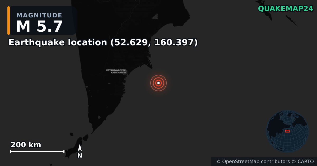 M5.7 earthquake near Deprem konumu (52.629, 160.397) on Sep 2, 2025 — map of epicenter and shaking intensity | QuakeMap24