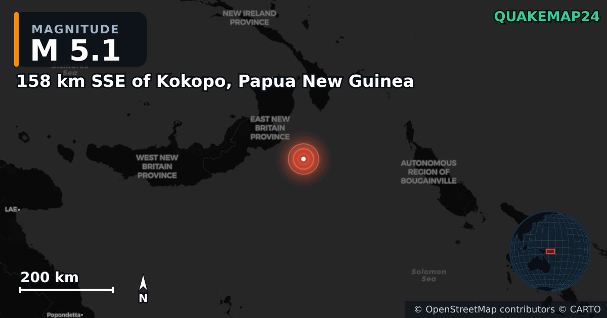M5.1 earthquake near 158 km SSE of Kokopo, Papua New Guinea on Aug 28, 2025 — map of epicenter and shaking intensity | QuakeMap24