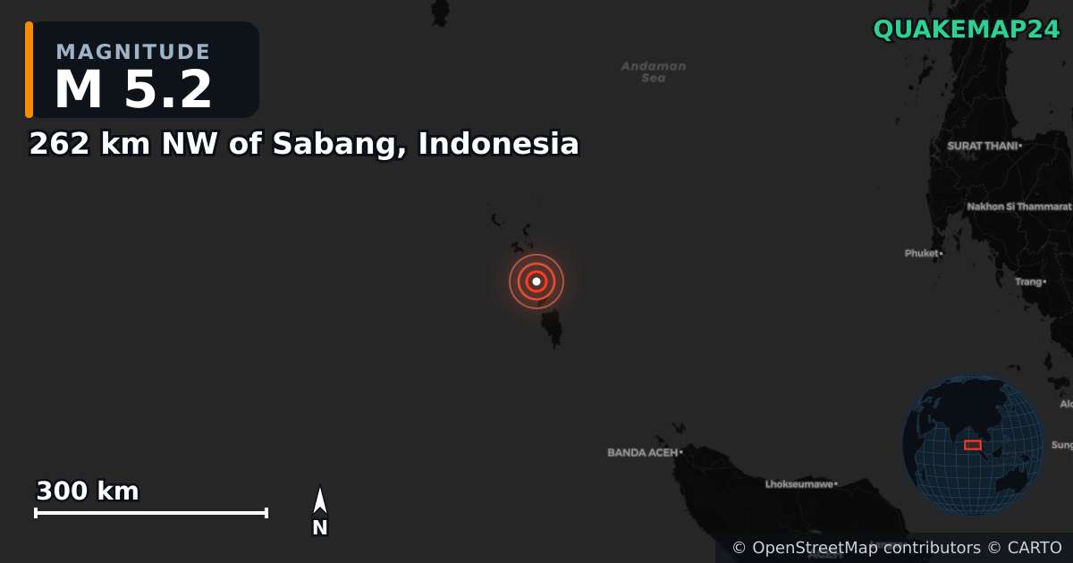 M5.2 earthquake near 262 km NW of Sabang, Indonesia on Feb 8, 2025 — map of epicenter and shaking intensity | QuakeMap24