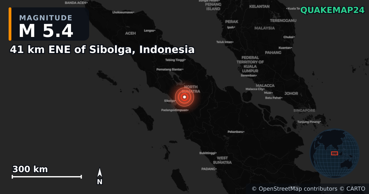 M5.4 earthquake near 41 km ENE of Sibolga, Indonesia on Mar 17, 2025 — map of epicenter and shaking intensity | QuakeMap24