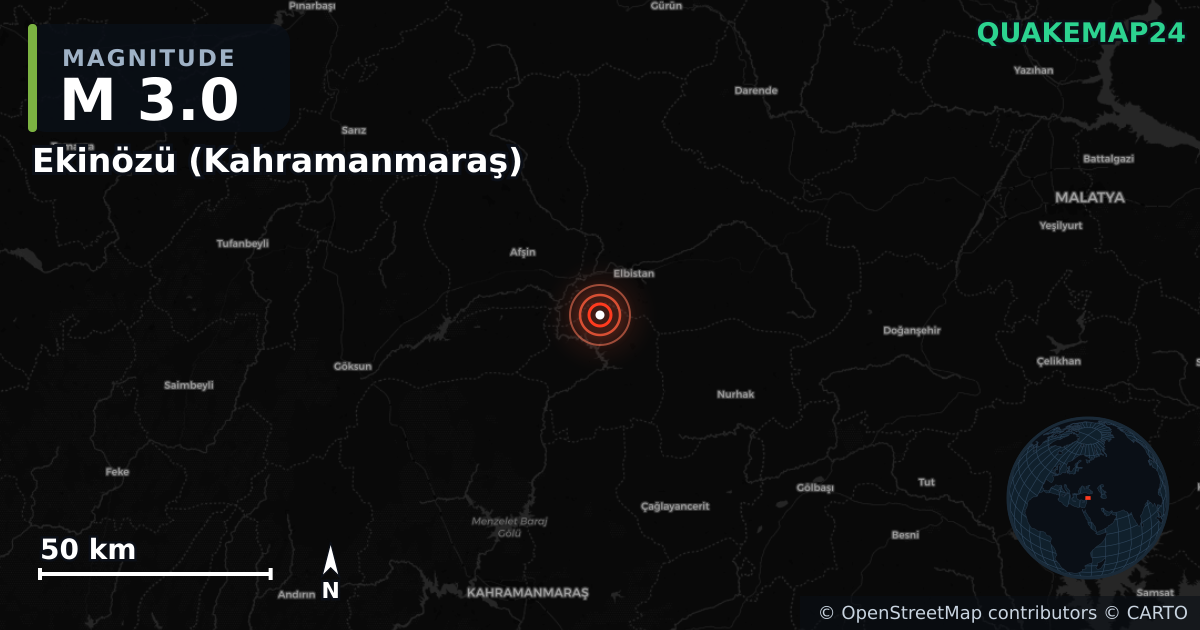 M3.0 earthquake near Ekinözü (Kahramanmaraş) on May 22, 2026 — map of epicenter and shaking intensity | QuakeMap24