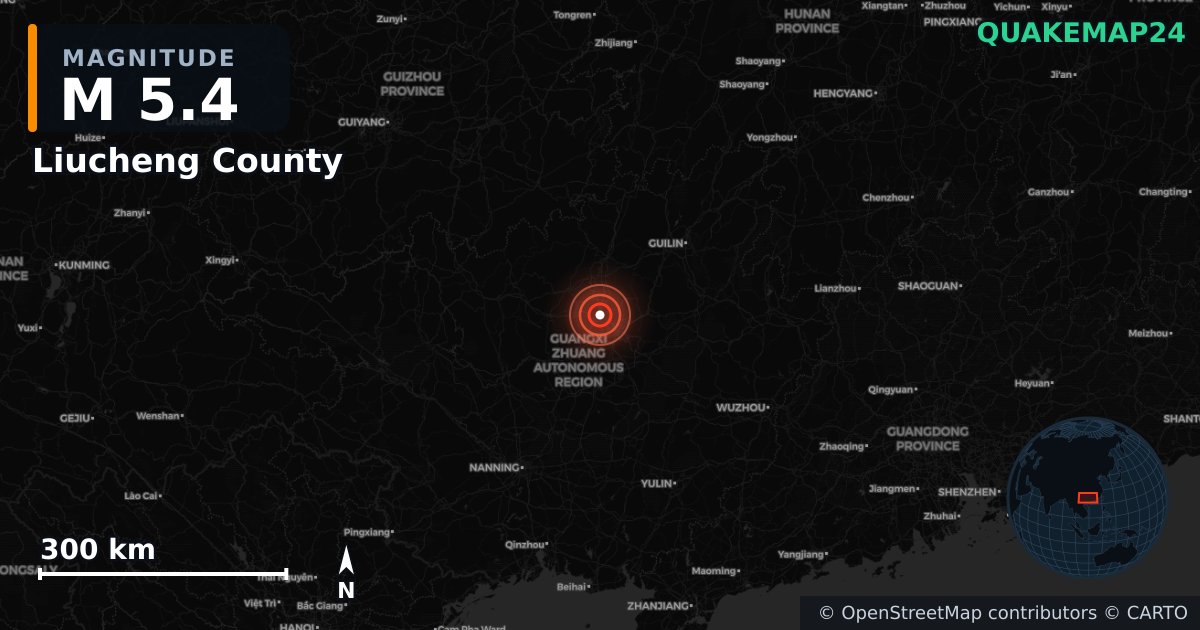 M5.4 earthquake near Liucheng County on May 17, 2026 — map of epicenter and shaking intensity | QuakeMap24