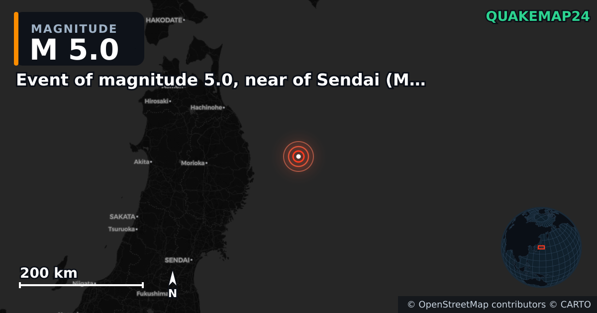 M5.0 earthquake near Event of magnitude 5.0, near of Sendai (Monde) on Nov 15, 2025 — map of epicenter and shaking intensity | QuakeMap24