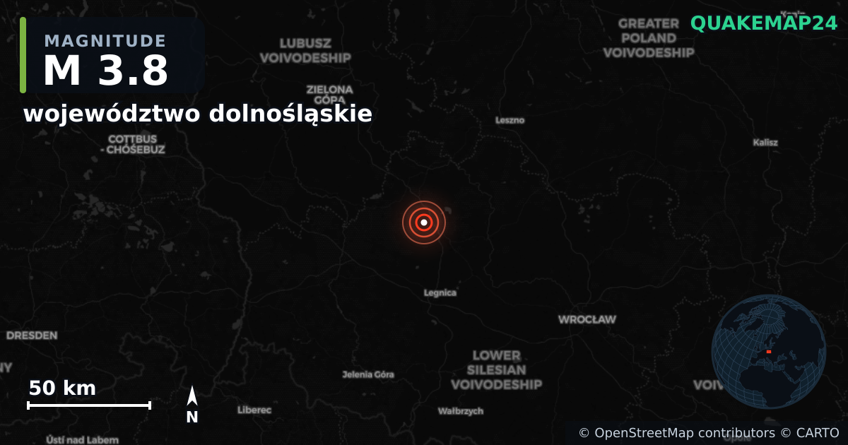 M3.8 earthquake near województwo dolnośląskie on Oct 18, 2025 — map of epicenter and shaking intensity | QuakeMap24