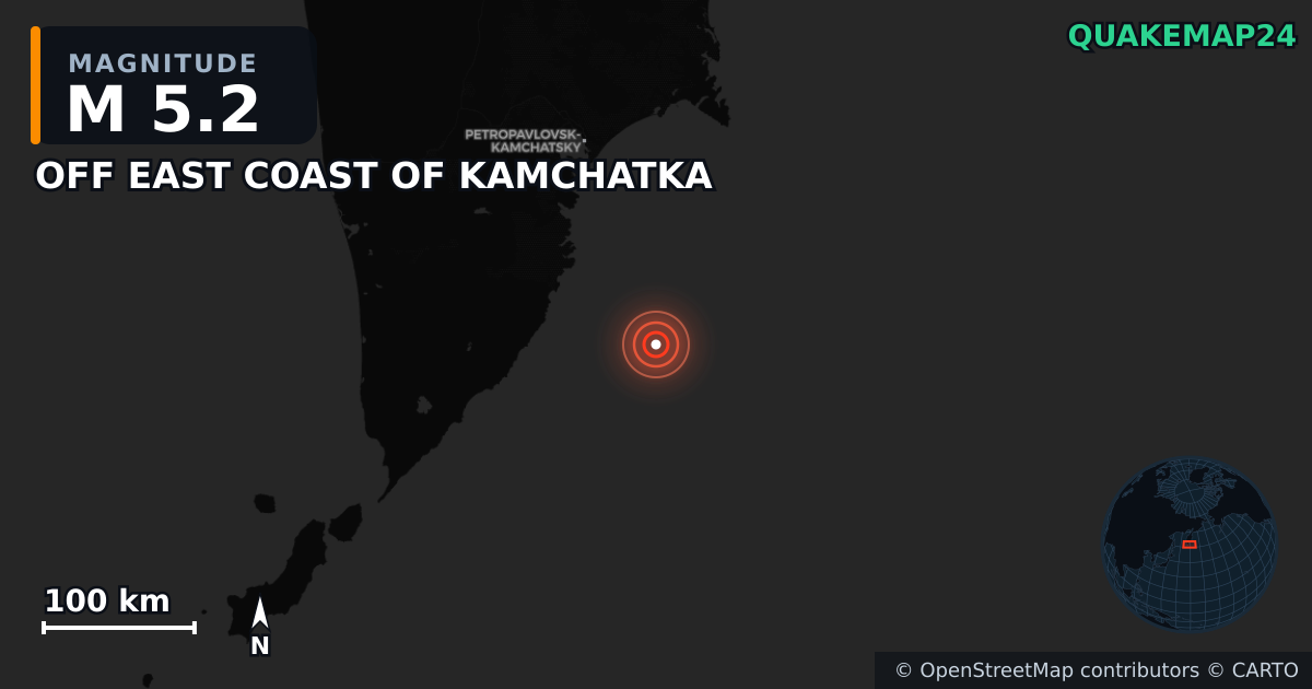 M5.2 earthquake near OFF EAST COAST OF KAMCHATKA on Aug 7, 2025 — map of epicenter and shaking intensity | QuakeMap24