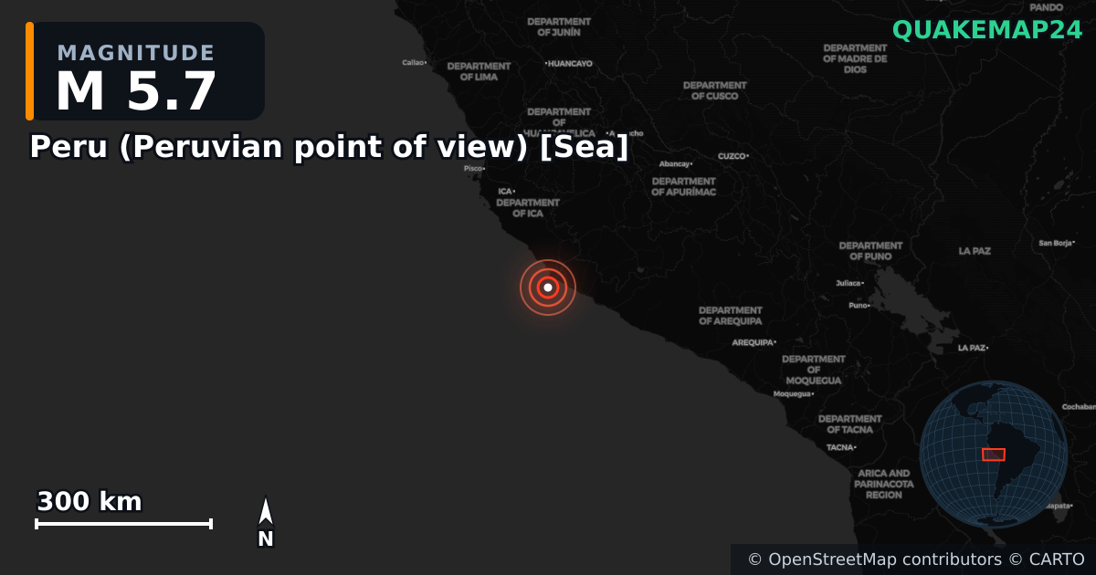 M5.7 earthquake near Peru (Peruvian point of view) [Sea] on Sep 23, 2025 — map of epicenter and shaking intensity | QuakeMap24