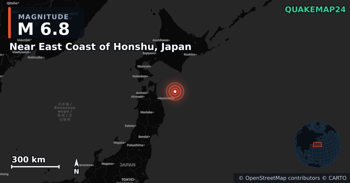 M6.8 earthquake near Near East Coast of Honshu, Japan on Dec 12, 2025 — map of epicenter and shaking intensity | QuakeMap24