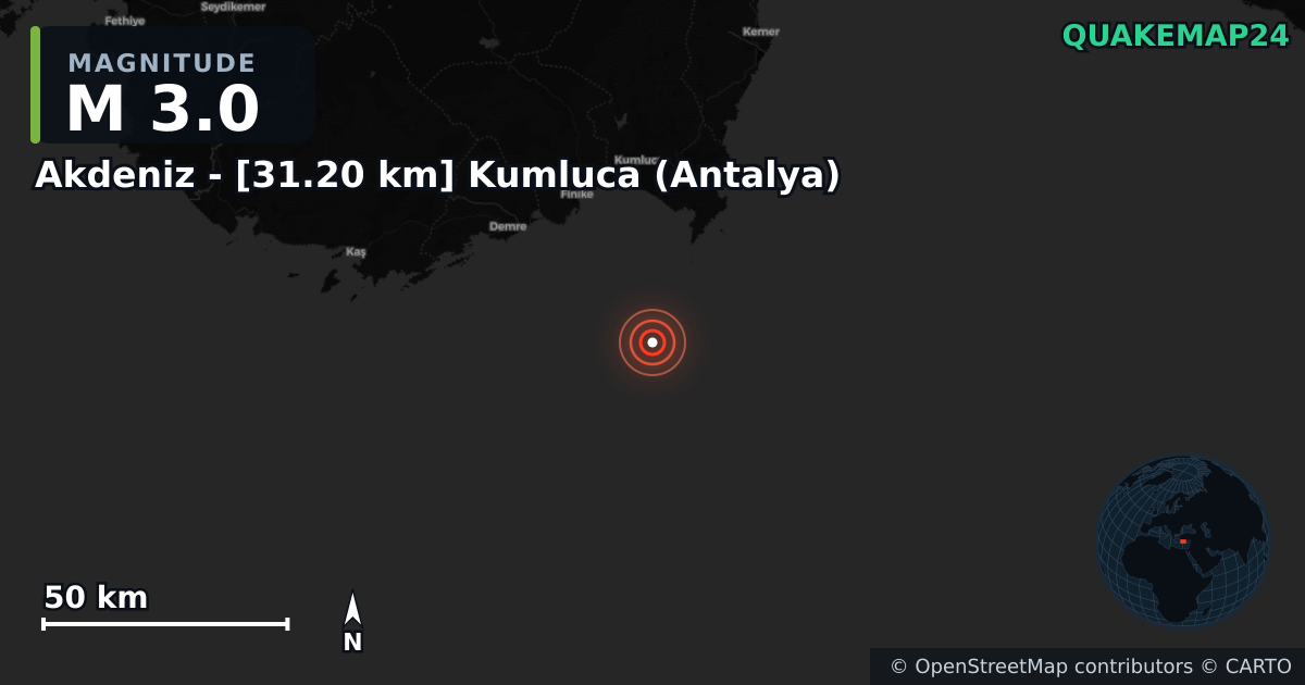 M3.0 earthquake near Akdeniz - [31.20 km] Kumluca (Antalya) on May 14, 2026 — map of epicenter and shaking intensity | QuakeMap24