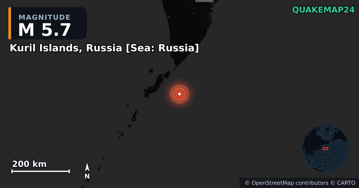 M5.7 earthquake near Kuril Islands, Russia [Sea: Russia] on Dec 7, 2025 — map of epicenter and shaking intensity | QuakeMap24