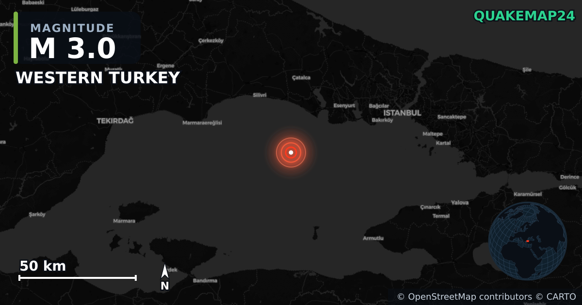 M3.0 earthquake near WESTERN TURKEY on Apr 23, 2025 — map of epicenter and shaking intensity | QuakeMap24