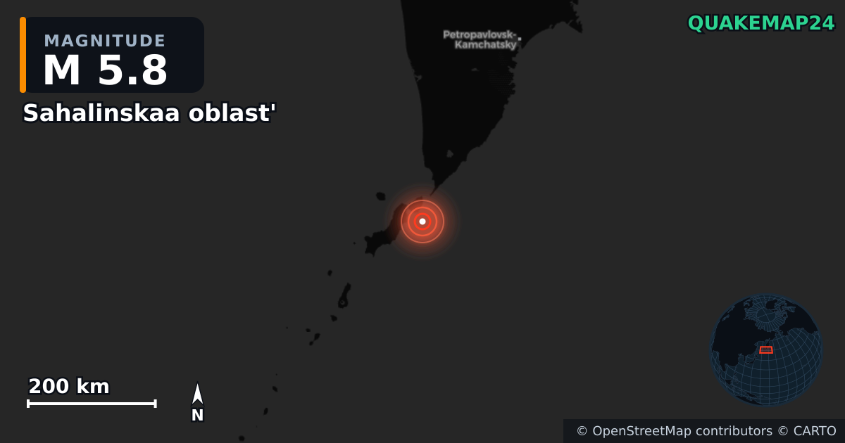 M5.8 earthquake near Sahalinskaa oblast' on Oct 11, 2025 — map of epicenter and shaking intensity | QuakeMap24