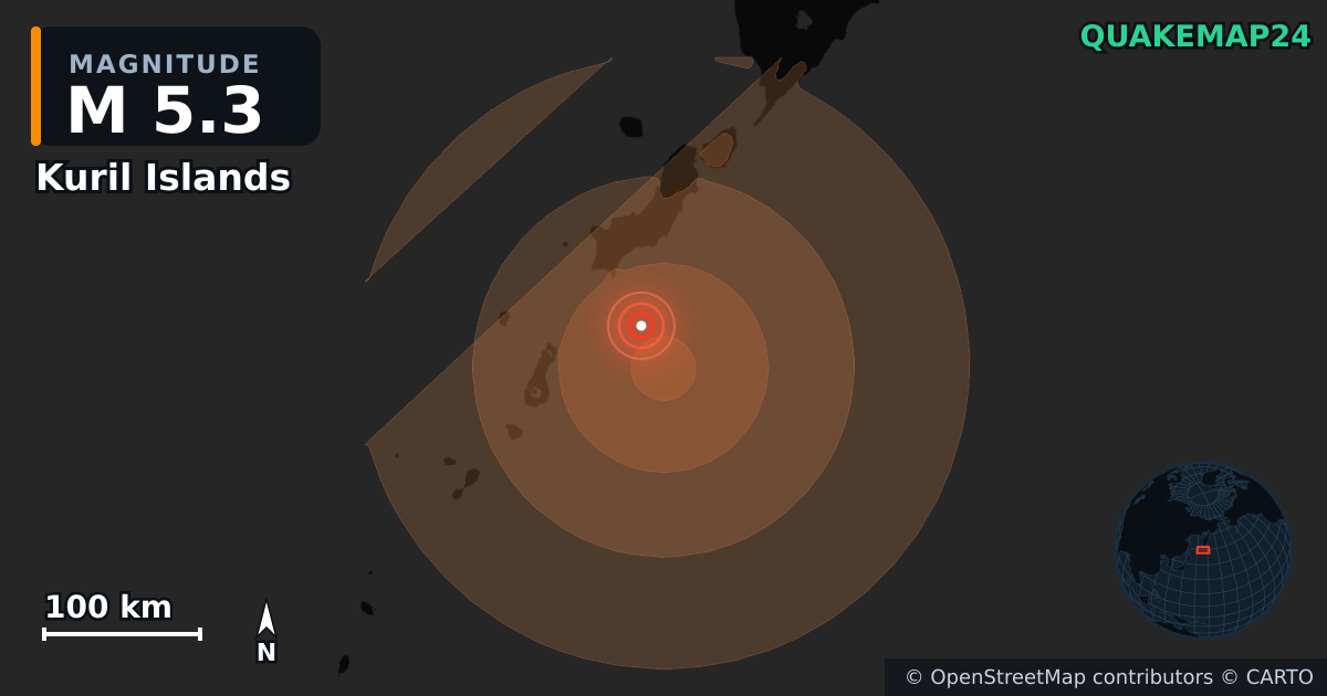 M5.3 earthquake near Kuril Islands on Aug 19, 2026 — map of epicenter and shaking intensity | QuakeMap24