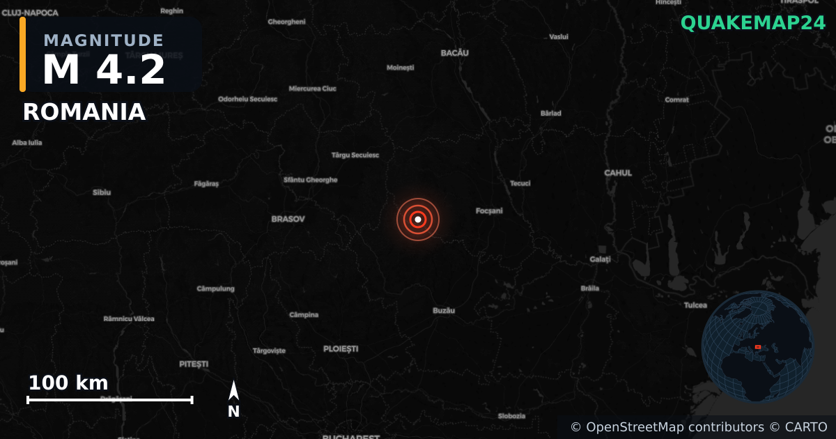 M4.2 earthquake near ROMANIA on Oct 25, 2025 — map of epicenter and shaking intensity | QuakeMap24