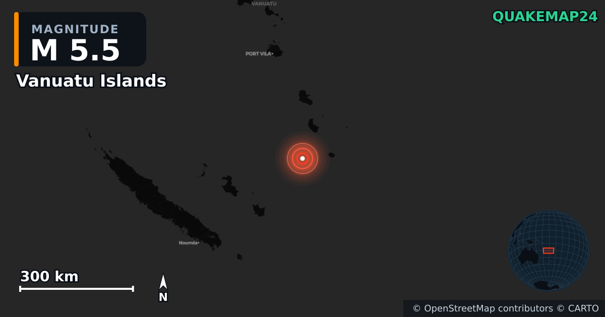 M5.5 earthquake near Vanuatu Islands on Dec 18, 2025 — map of epicenter and shaking intensity | QuakeMap24