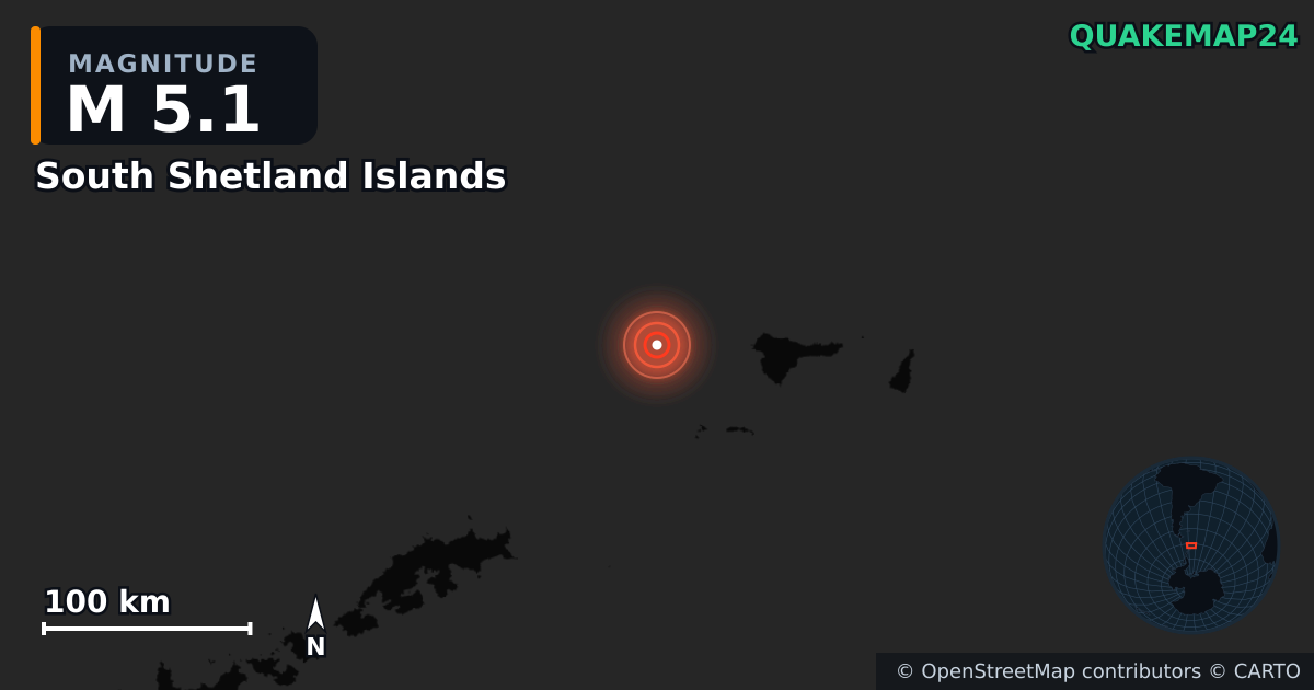 M5.1 Earthquake near South Shetland Islands · 2026-03-20 — Map showing the location of the epicenter