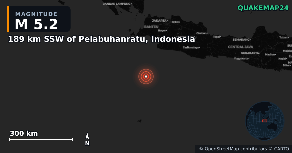 Sismo de M5,2 perto de 189 km SSW of Pelabuhanratu, Indonesia · 2026-09-18 — Mapa da localização do epicentro