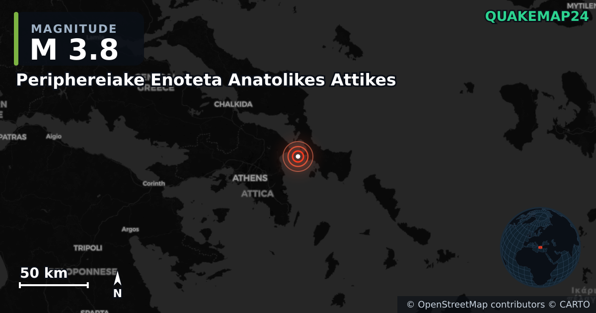 M3.8 earthquake near Periphereiake Enoteta Anatolikes Attikes on Sep 6, 2025 — map of epicenter and shaking intensity | QuakeMap24