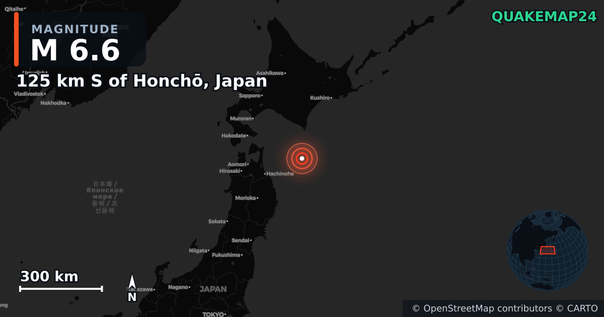 M6.6 earthquake near 125 km S of Honchō, Japan on Dec 8, 2025 — map of epicenter and shaking intensity | QuakeMap24