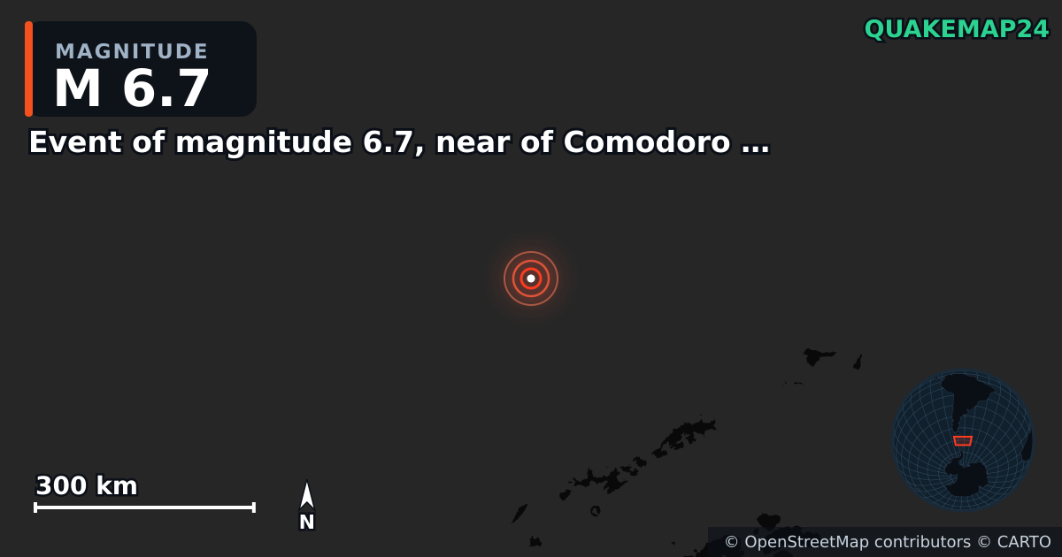 M6.7 earthquake near Event of magnitude 6.7, near of Comodoro Rivadavia (Monde) on Oct 10, 2025 — map of epicenter and shaking intensity | QuakeMap24