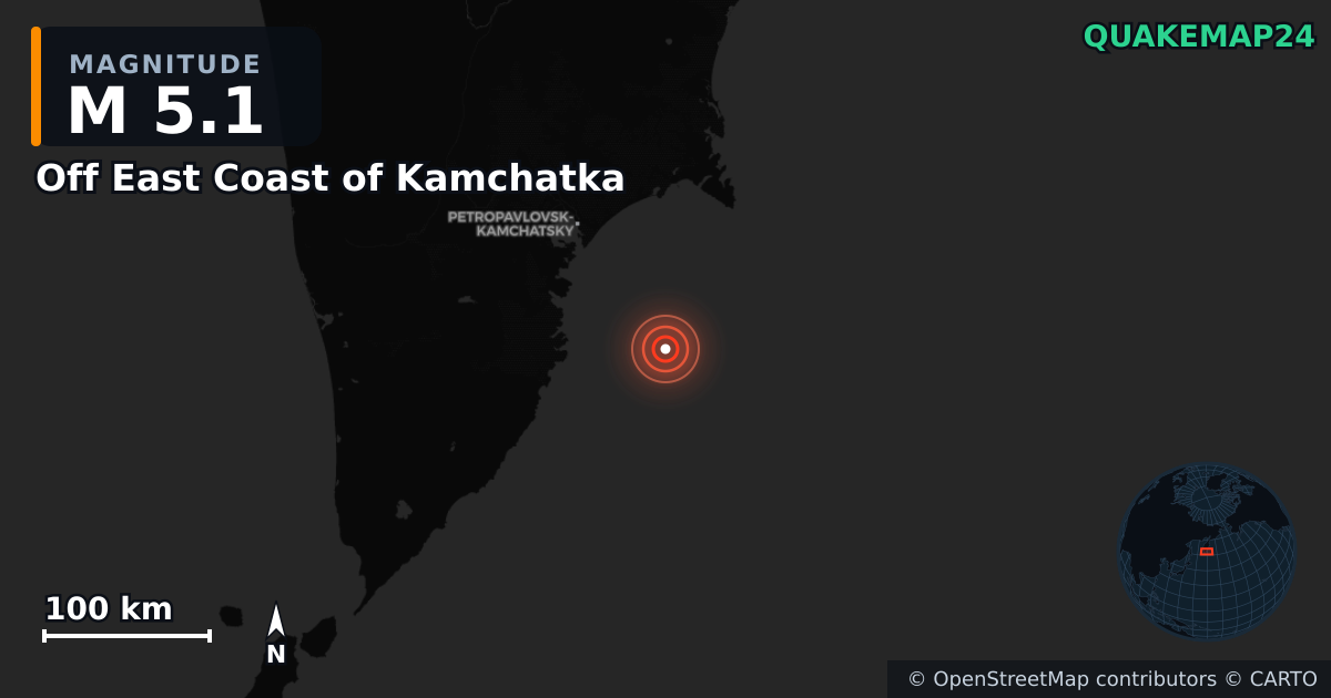 M5.1 earthquake near Off East Coast of Kamchatka on Jul 30, 2025 — map of epicenter and shaking intensity | QuakeMap24