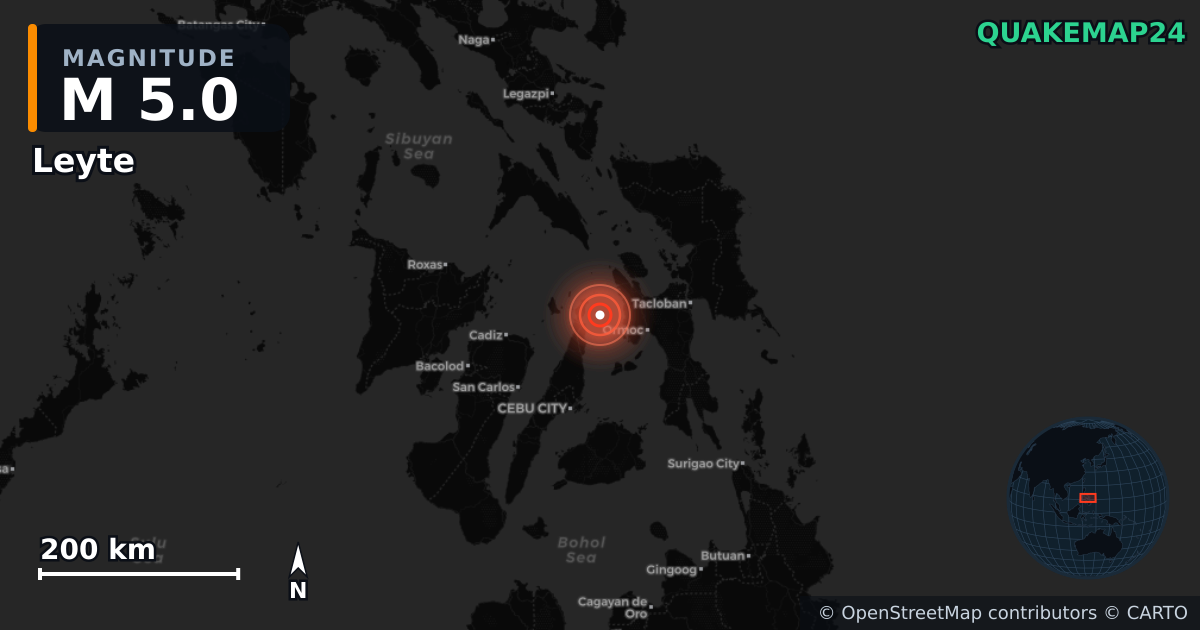 M5.0 earthquake near Leyte on Sep 30, 2025 — map of epicenter and shaking intensity | QuakeMap24