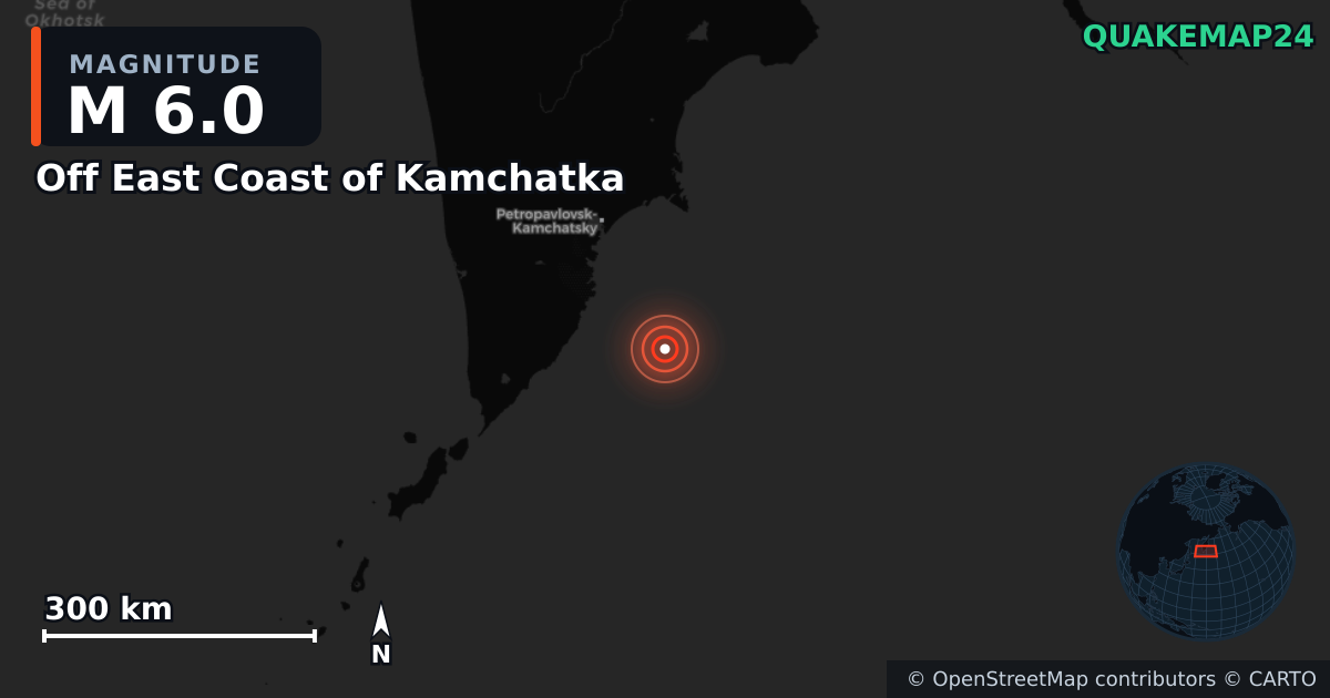 M6.0 earthquake near Off East Coast of Kamchatka on Jul 30, 2025 — map of epicenter and shaking intensity | QuakeMap24