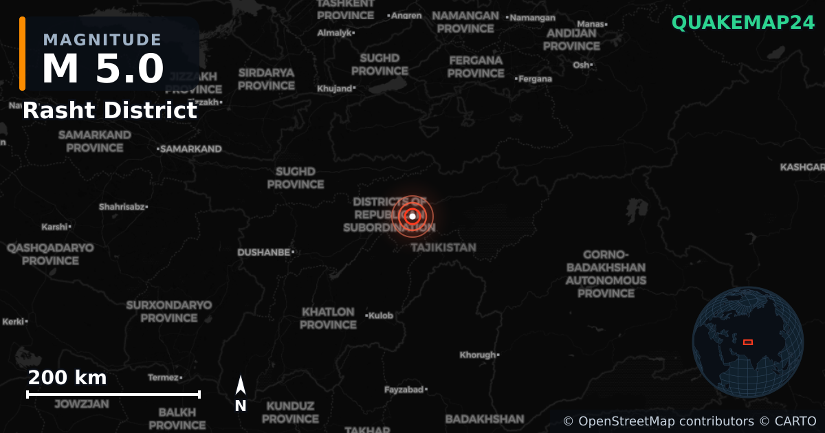 M5.0 earthquake near Rasht District on Aug 14, 2026 — map of epicenter and shaking intensity | QuakeMap24