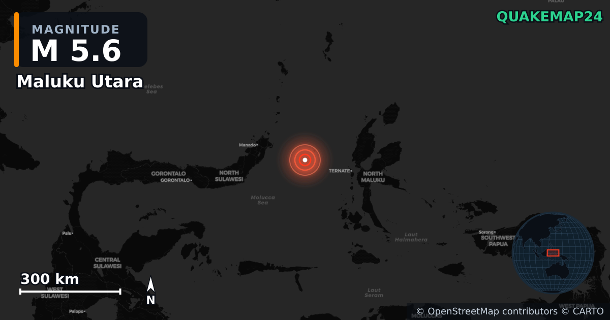 M5.6 earthquake near Maluku Utara on May 25, 2026 — map of epicenter and shaking intensity | QuakeMap24