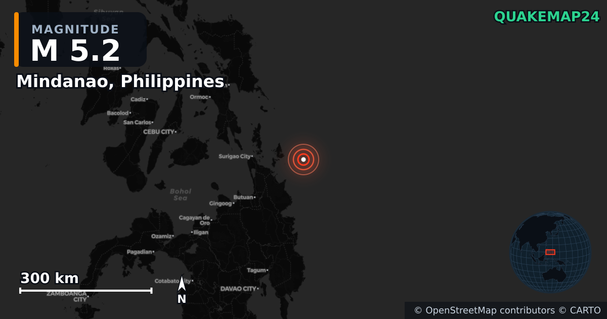 M5.2 earthquake near Mindanao, Philippines on Sep 3, 2025 — map of epicenter and shaking intensity | QuakeMap24