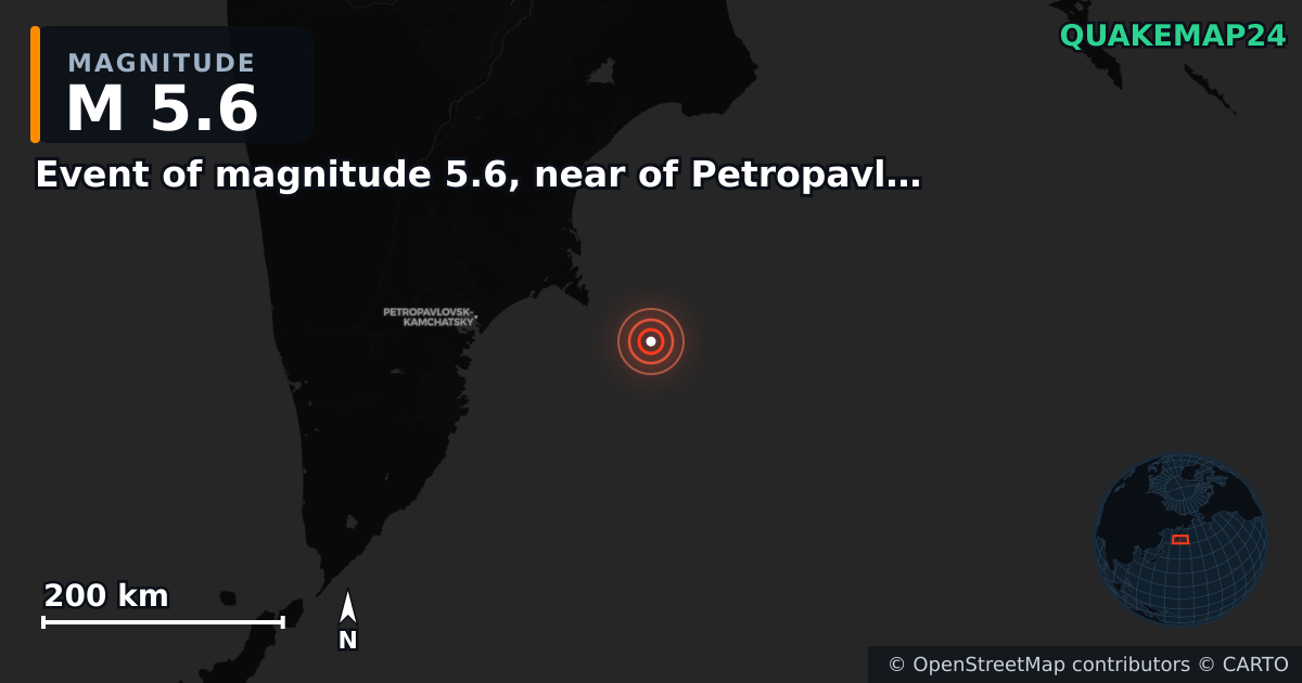 M5.6 earthquake near Event of magnitude 5.6, near of Petropavlovsk Kamchatskiy (Monde) on Jan 10, 2026 — map of epicenter and shaking intensity | QuakeMap24