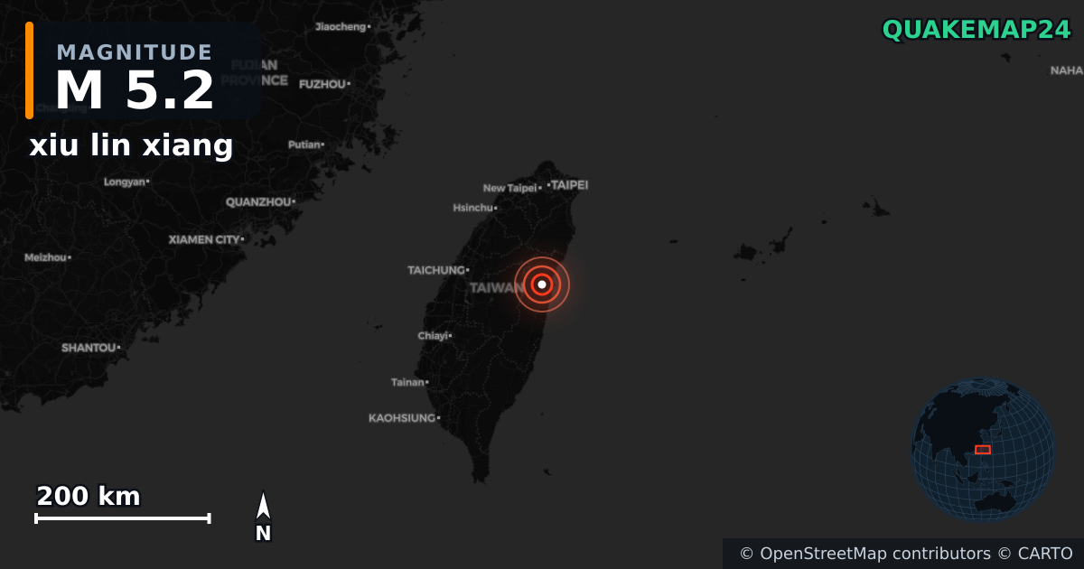 M5.2 earthquake near xiu lin xiang on Apr 4, 2026 — map of epicenter and shaking intensity | QuakeMap24