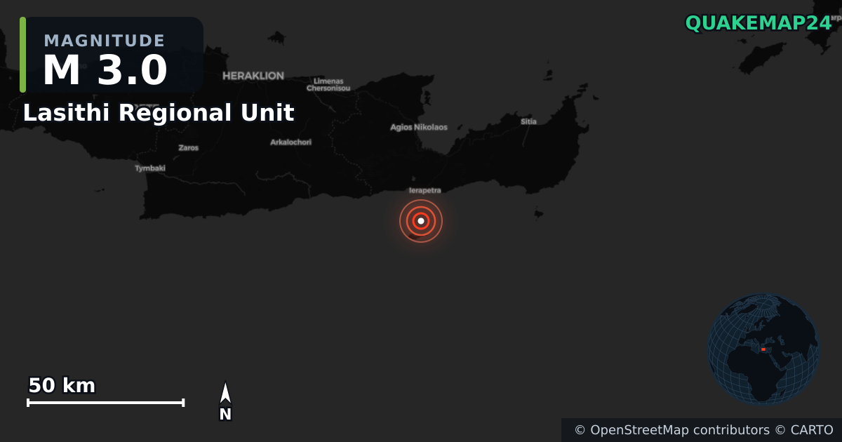 M3.0 earthquake near Lasithi Regional Unit on Jul 18, 2026 — map of epicenter and shaking intensity | QuakeMap24
