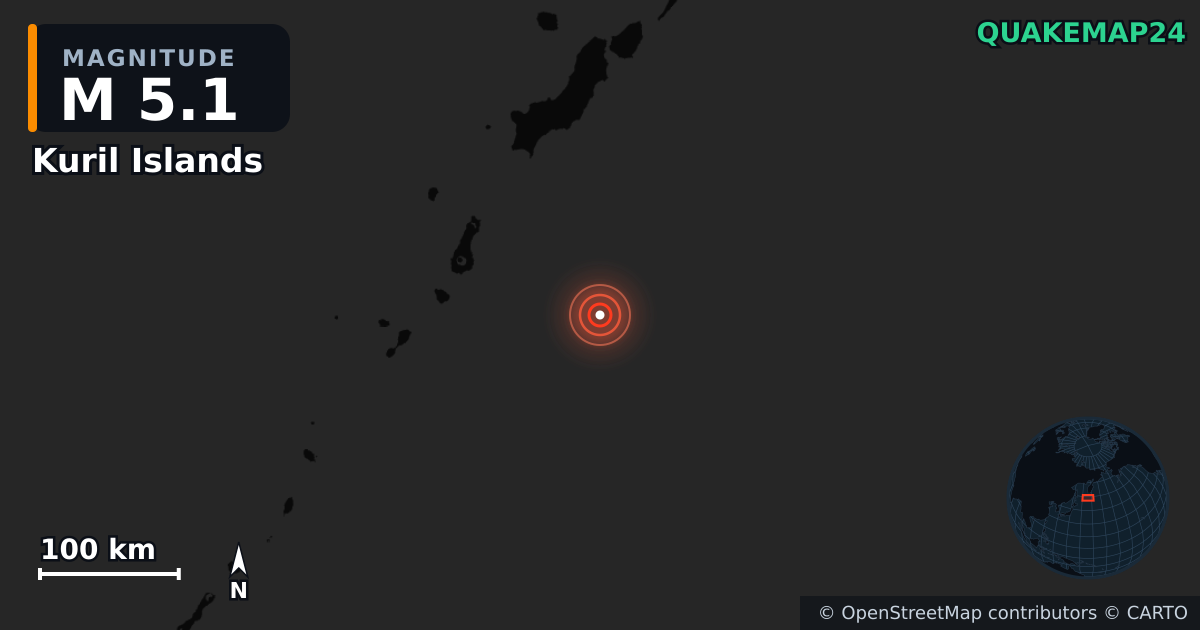 M5.1 earthquake near Kuril Islands on Sep 9, 2025 — map of epicenter and shaking intensity | QuakeMap24