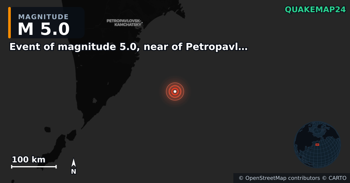 M5.0 earthquake near Event of magnitude 5.0, near of Petropavlovsk Kamchatskiy (Monde) on Aug 27, 2025 — map of epicenter and shaking intensity | QuakeMap24