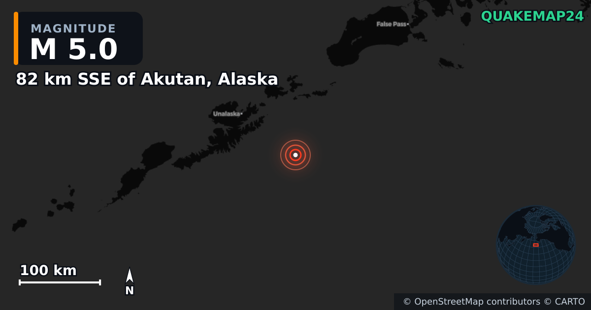 M5.0 earthquake near 82 km SSE of Akutan, Alaska on Oct 17, 2025 — map of epicenter and shaking intensity | QuakeMap24