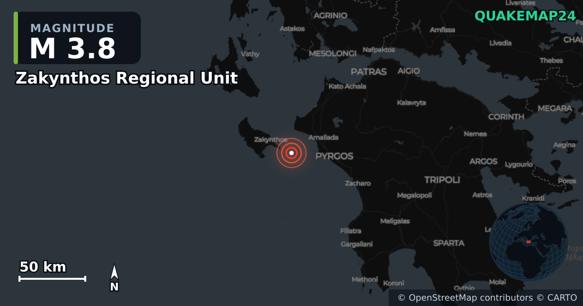 Erdbeben M3,8 bei Zakynthos Regional Unit, Ioanian Islands (Griechenland) · 2026-10-19 — Karte der Lage des Epizentrums