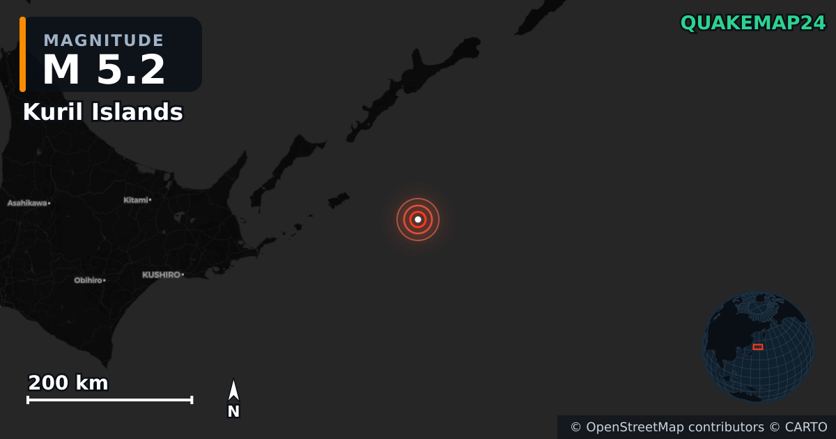 M5.2 earthquake near Kuril Islands on Dec 21, 2025 — map of epicenter and shaking intensity | QuakeMap24