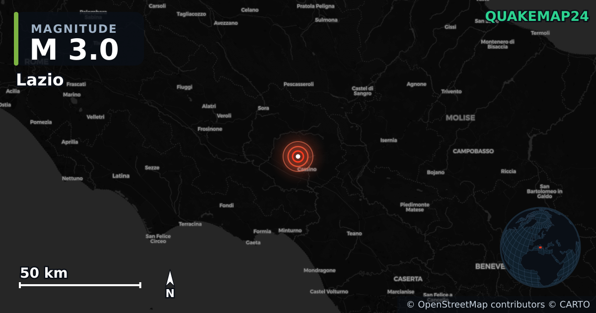 M3.0 earthquake near Lazio on Aug 26, 2025 — map of epicenter and shaking intensity | QuakeMap24