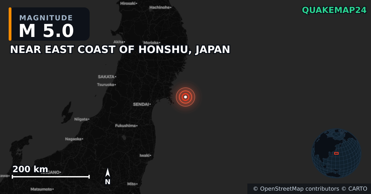 M5.0 earthquake near NEAR EAST COAST OF HONSHU, JAPAN on Apr 4, 2026 — map of epicenter and shaking intensity | QuakeMap24