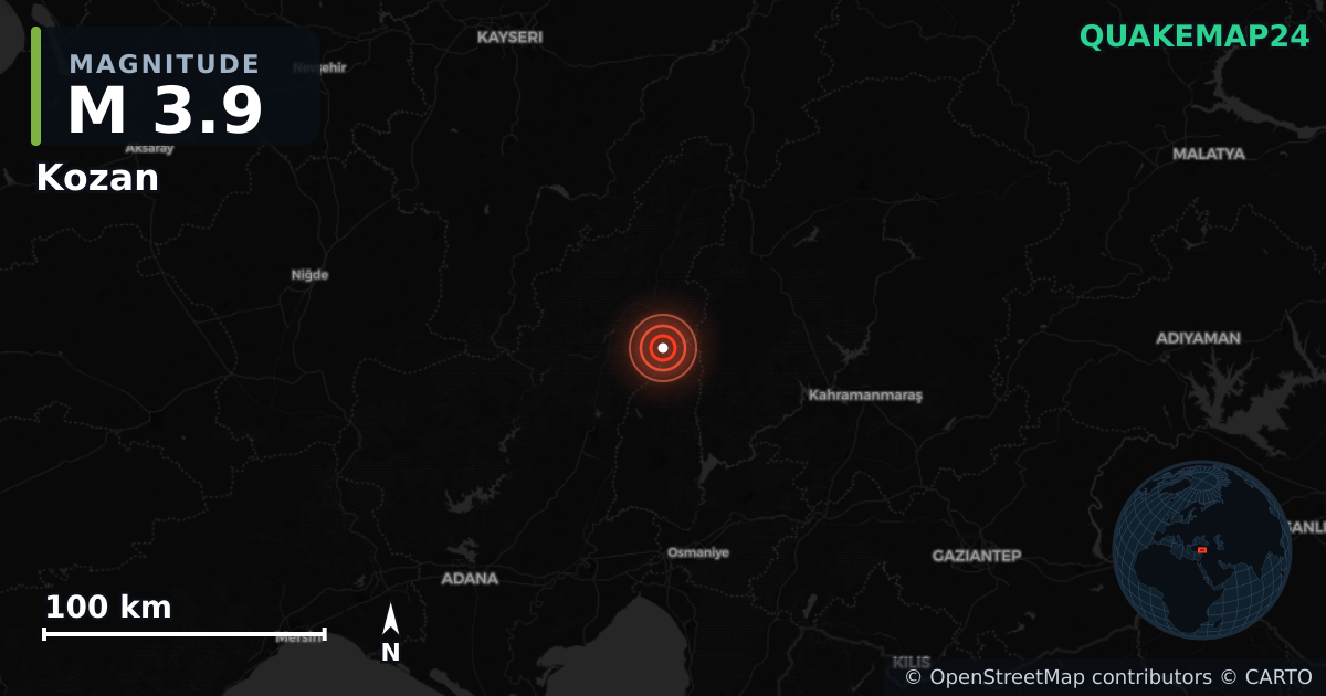 M3.9 earthquake near Kozan on Oct 28, 2025 — map of epicenter and shaking intensity | QuakeMap24
