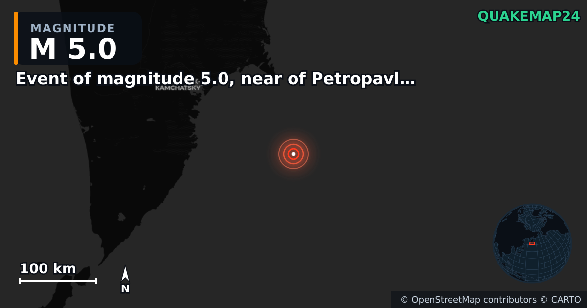 Event of magnitude 5.0, near of Petropavlovsk Kamchatskiy (Monde) yakınında M5,0 deprem — Deprem merkez üssünün konumunu gösteren harita