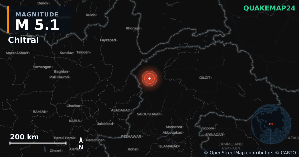 Erdbeben M5,1 bei Chitral, Khyber Pakhtunkhwa (Pakistan) · 2026-10-25 — Karte der Lage des Epizentrums