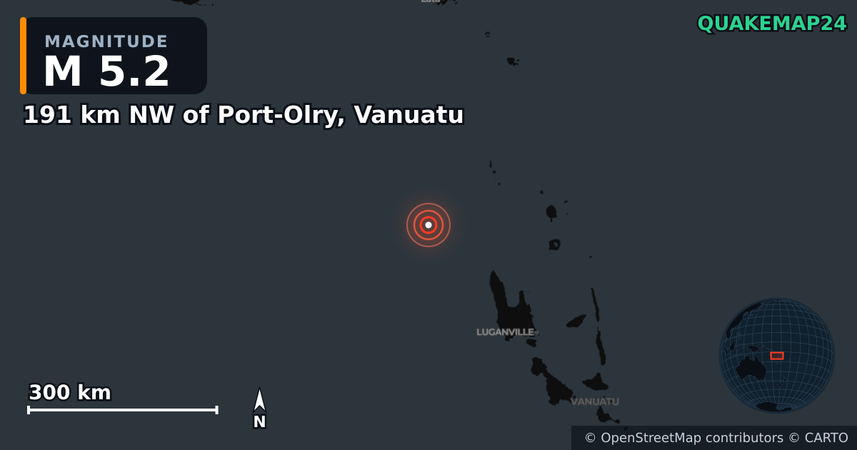 191 km NW of Port-Olry, Vanuatu yakınında M5,2 deprem · 2026-10-27 — Deprem merkez üssünün konumunu gösteren harita