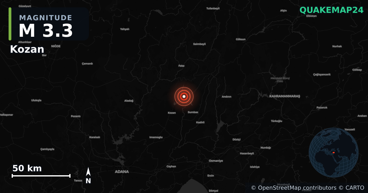 M3.3 earthquake near Kozan on Aug 8, 2025 — map of epicenter and shaking intensity | QuakeMap24