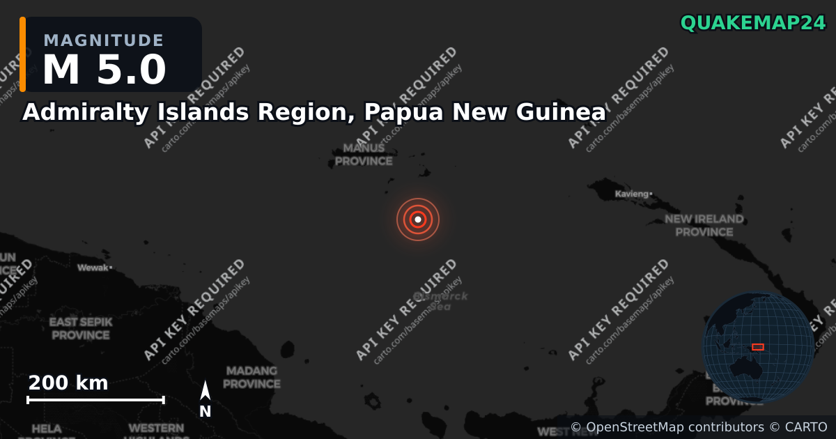 M5.0 earthquake near Admiralty Islands Region, Papua New Guinea on May 8, 2026 — map of epicenter and shaking intensity | QuakeMap24