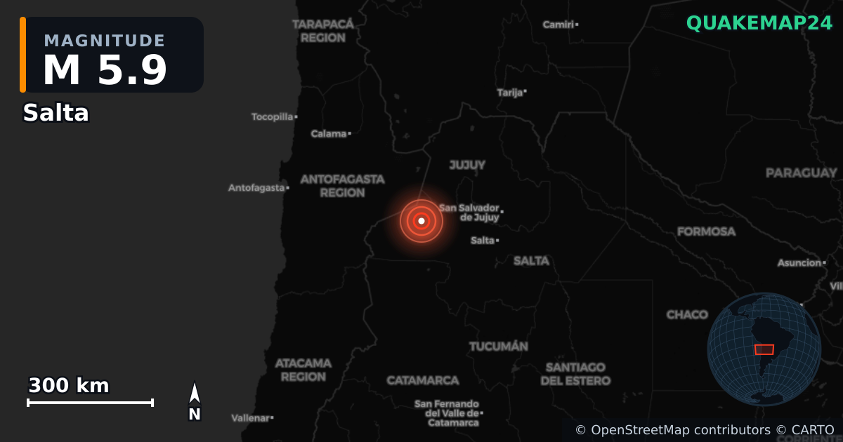 M5.9 earthquake near Salta on Sep 4, 2025 — map of epicenter and shaking intensity | QuakeMap24