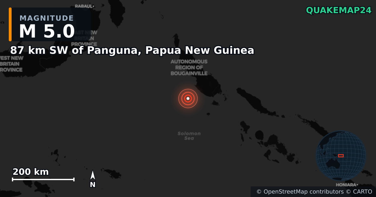 M5.0 earthquake near 87 km SW of Panguna, Papua New Guinea on Jan 17, 2025 — map of epicenter and shaking intensity | QuakeMap24